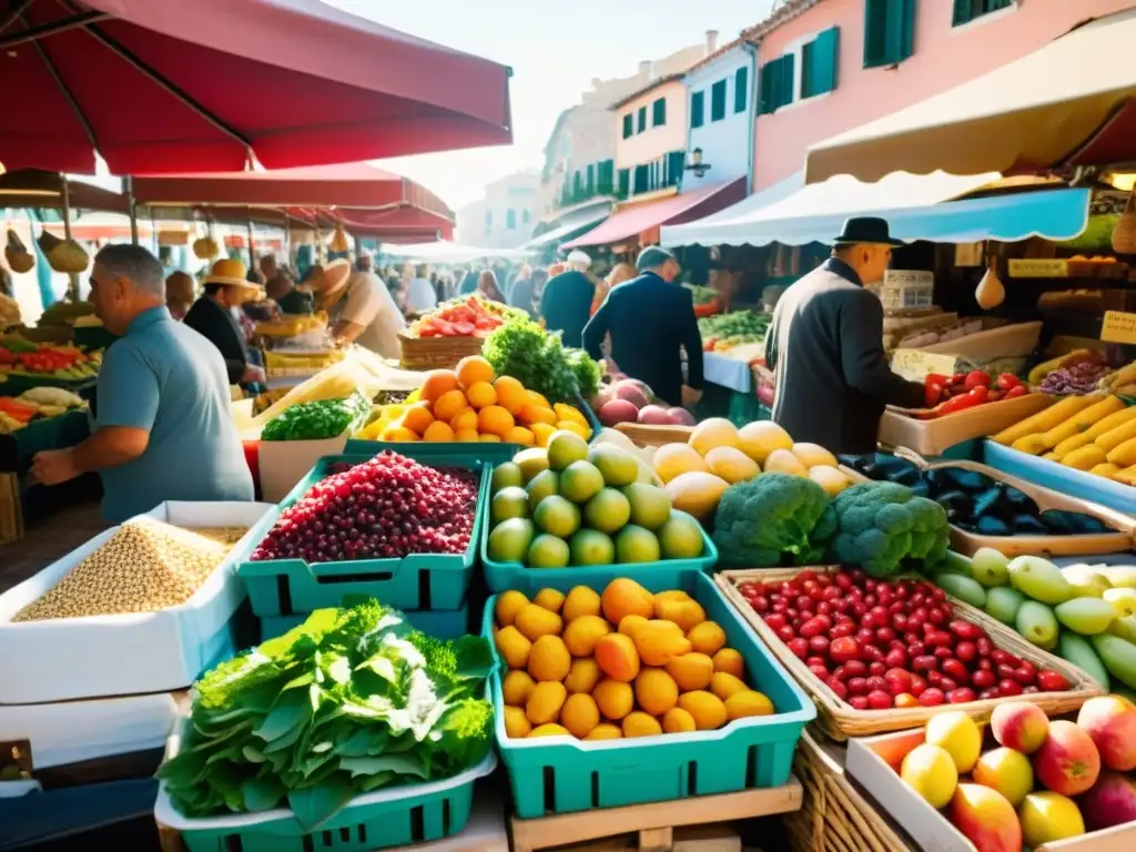 Un mercado mediterráneo tradicional rebosante de frutas, verduras y mariscos frescos