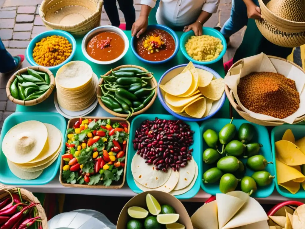 Un mercado mexicano bullicioso muestra ingredientes tradicionales como chiles, nopales y tortillas frescas