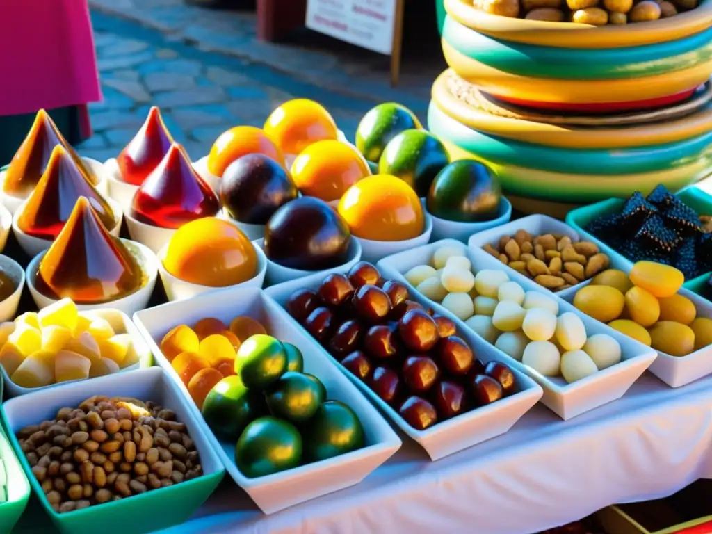 Mercado mexicano de dulces tradicionales, con coloridas exhibiciones de golosinas hechas a mano