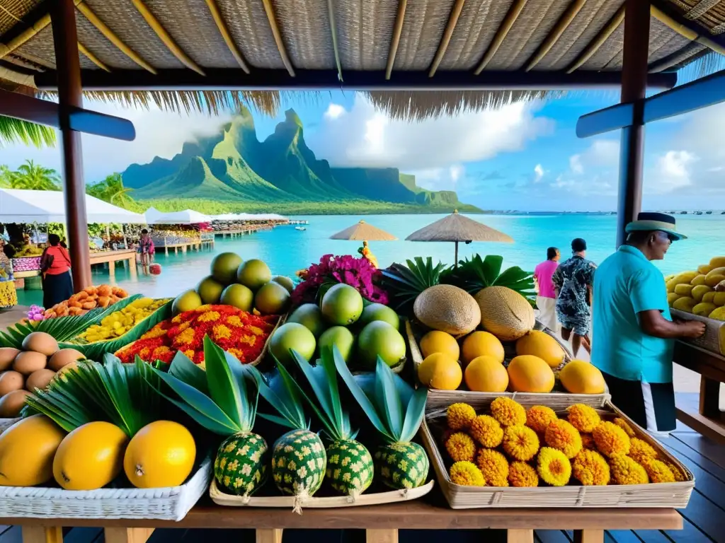 Mercado polinesio vibrante con textiles tejidos, tallados de madera y frutas tropicales, reflejando la tradición y modernidad