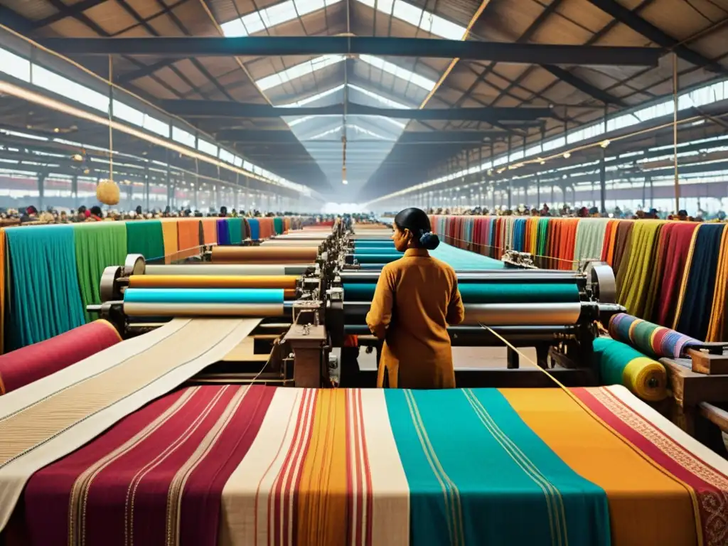 Mercado textil bullicioso en la India con telas vibrantes y coloridas, artesanos hábiles y maquinaria textil moderna y tradicional