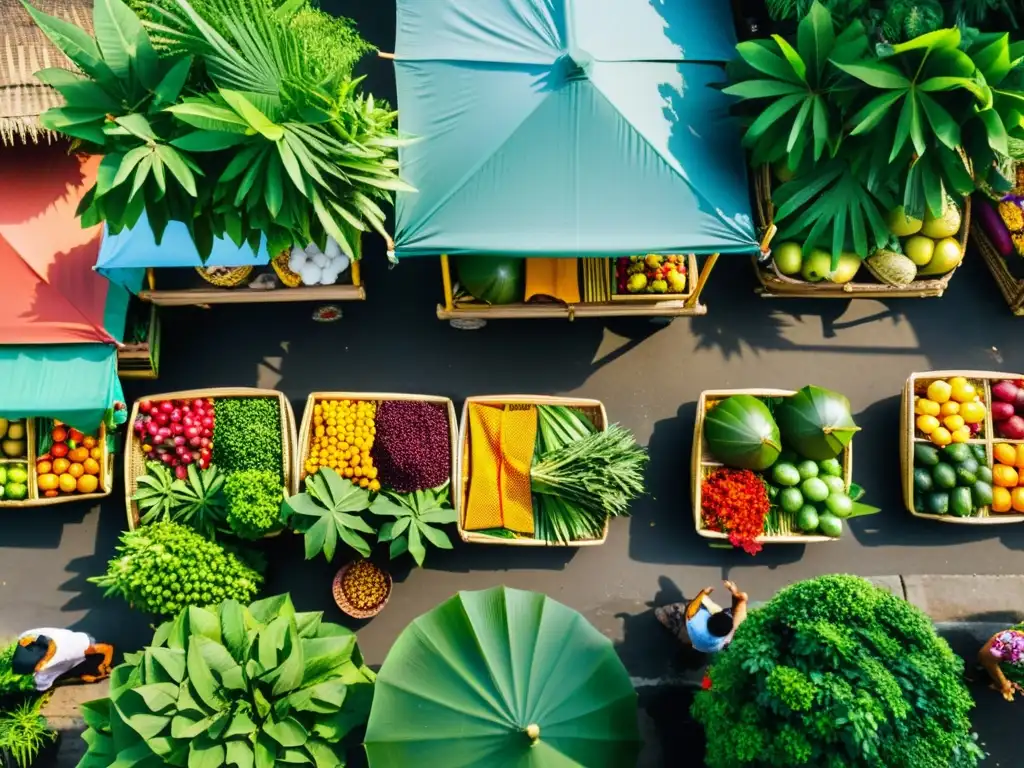 Un mercado tradicional balinés rebosante de vida, con exhibiciones vibrantes de frutas exóticas, especias y comida callejera local