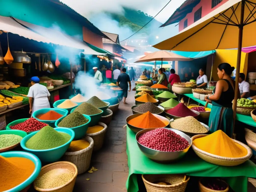 Un mercado tradicional bullicioso en un pueblo latinoamericano, con puestos coloridos rebosantes de frutas, especias y hierbas