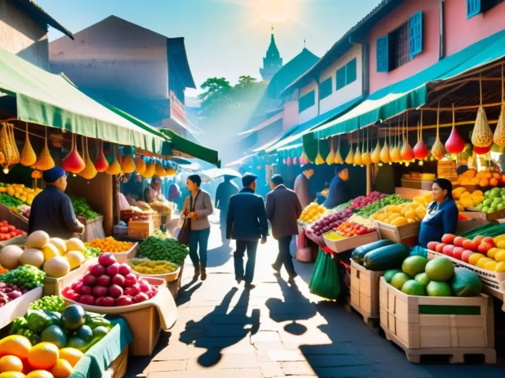 Un mercado tradicional bullicioso, con puestos llenos de frutas, verduras y artesanías coloridas