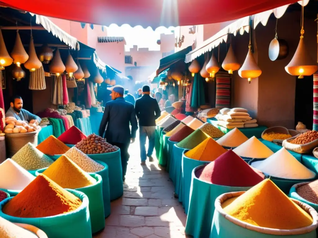 Mercado tradicional en Marrakech, Marruecos, con puestos coloridos de especias, textiles y cerámica