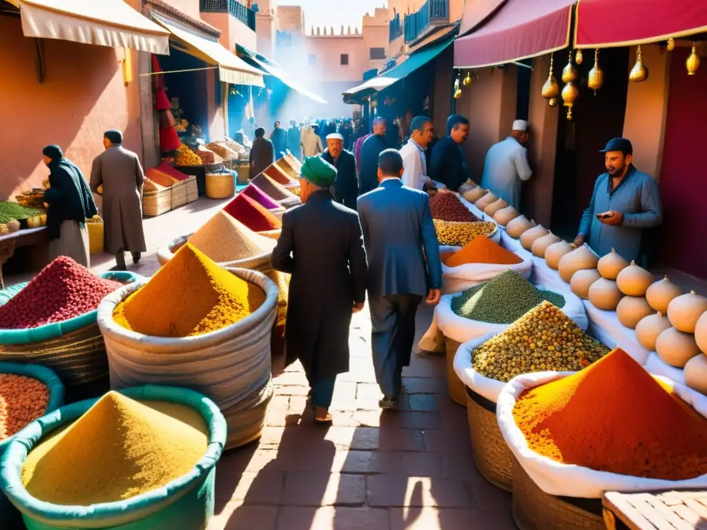 Mercado tradicional en Marrakech, Marruecos, con puestos vibrantes llenos de especias, textiles y cerámica, creando una atmósfera sensorial única