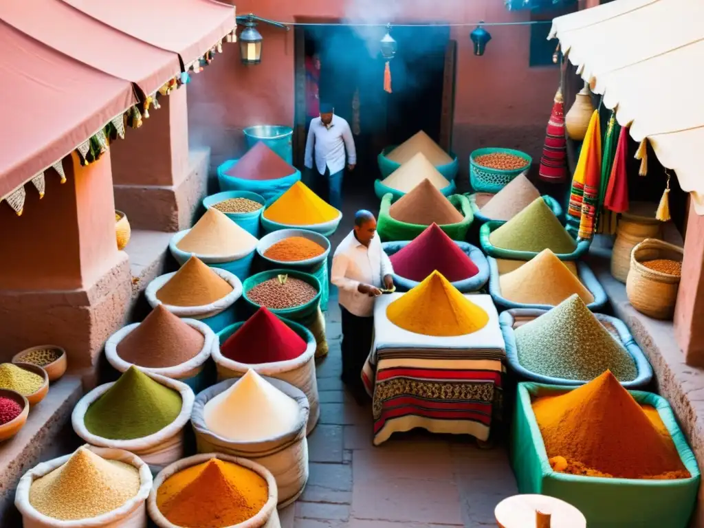 Mercado tradicional en Marrakech, Marruecos, con vendedores de especias, textiles y artesanías