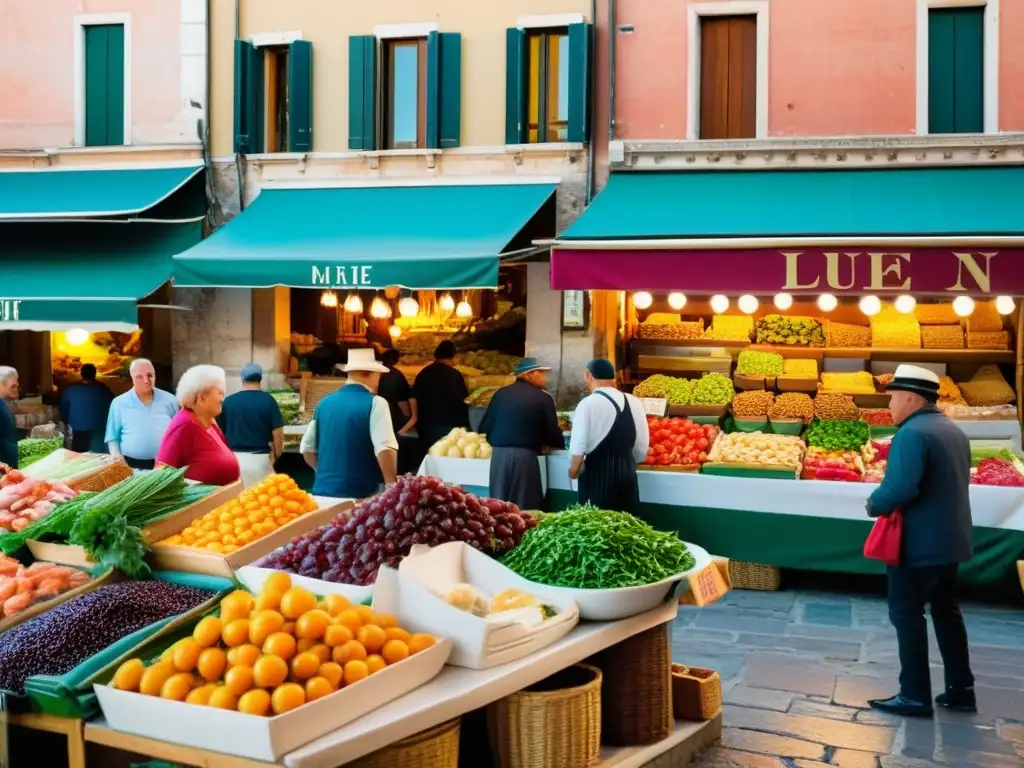 Un mercado veneciano lleno de vida con una variedad de mariscos, productos coloridos y delicias locales