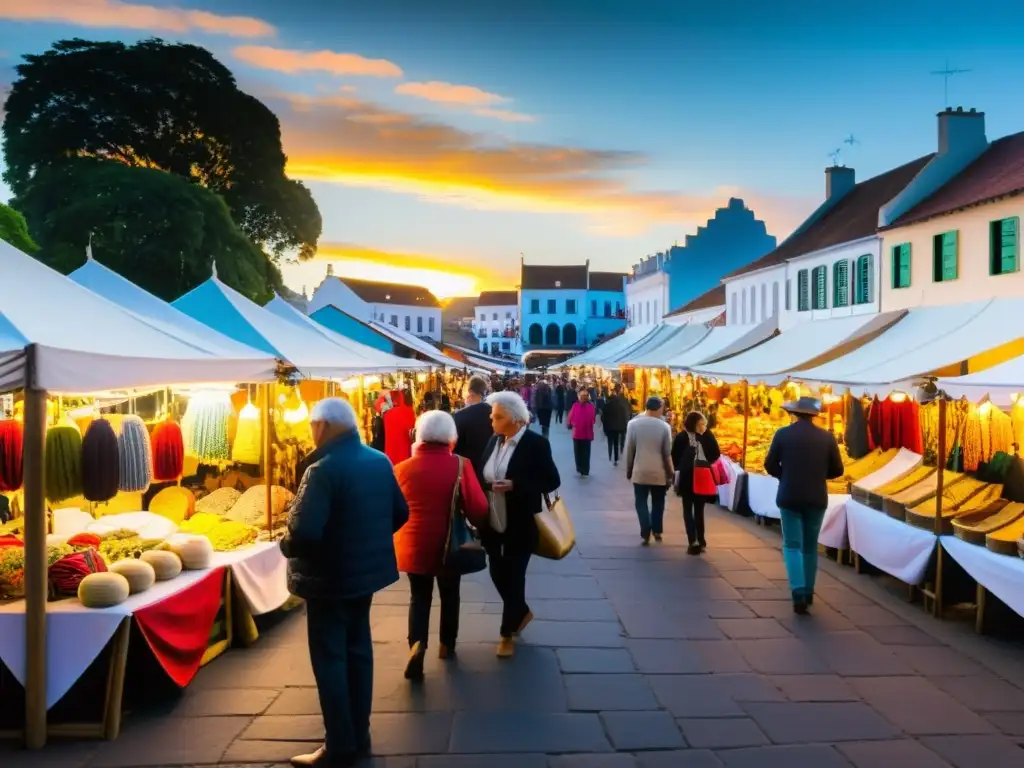 Un mercado vibrante y bullicioso en una ciudad histórica, lleno de puestos de colores que venden artesanías, textiles y productos locales