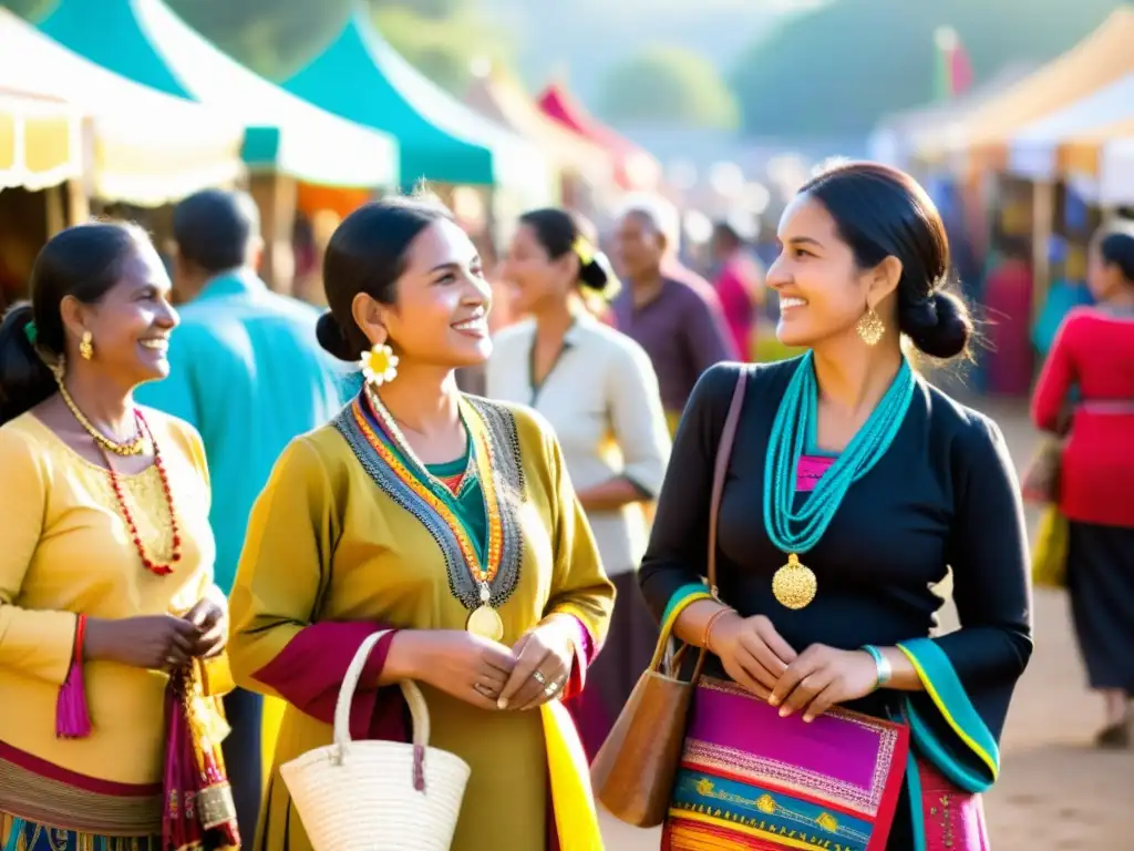 Mercado vibrante de moda étnica apoya comunidades locales con artesanos y clientes diversos disfrutando de prendas únicas y coloridas bajo el sol dorado