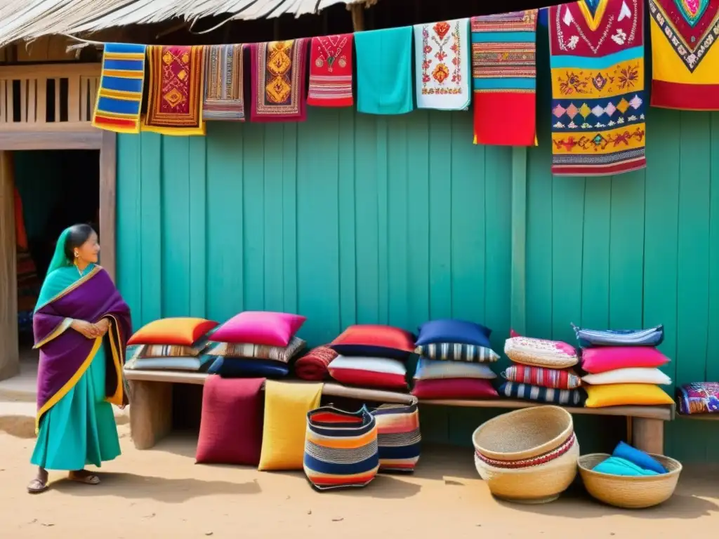 Mercado vibrante en un remoto pueblo, con artesanos mostrando su moda étnica artesanal global