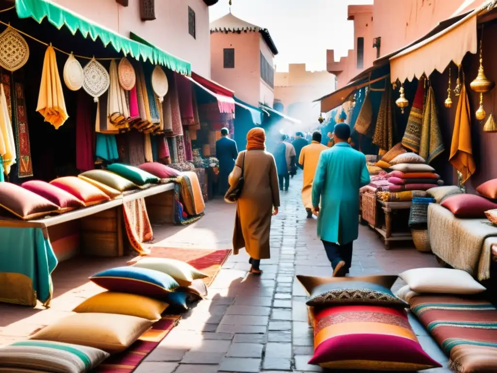 Mercados étnicos moda global: Animado mercado en Marrakech con textiles vibrantes, artesanías y colores en un bullicio de tradición y estilo