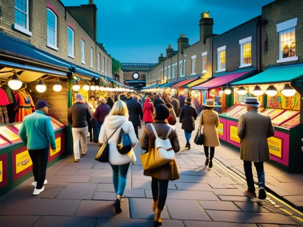 Mercados étnicos moda global en Camden Market: Arte callejero, multitud diversa, coloridos puestos y el icónico canal de Regent