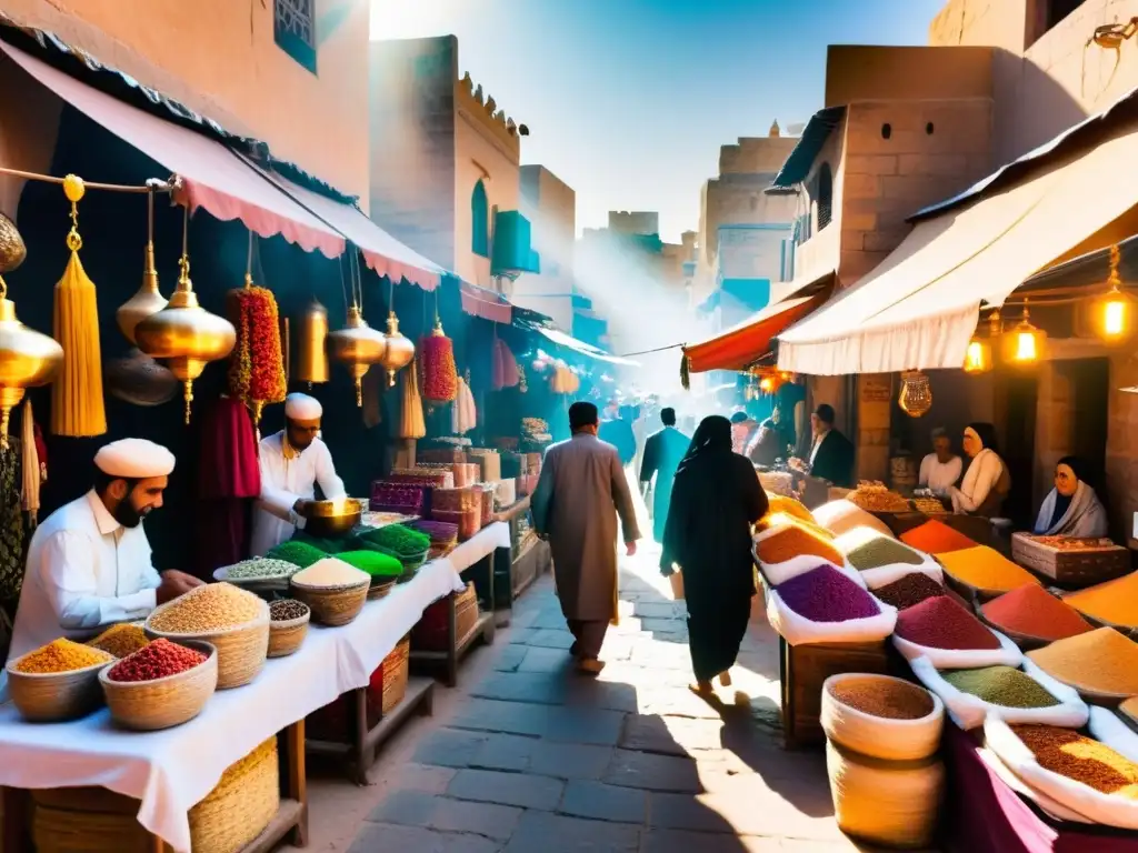 Mercados de Oriente Medio incienso: Un bullicioso mercado con colores vibrantes, aromas exóticos y vendedores entusiastas en estrechas callejuelas