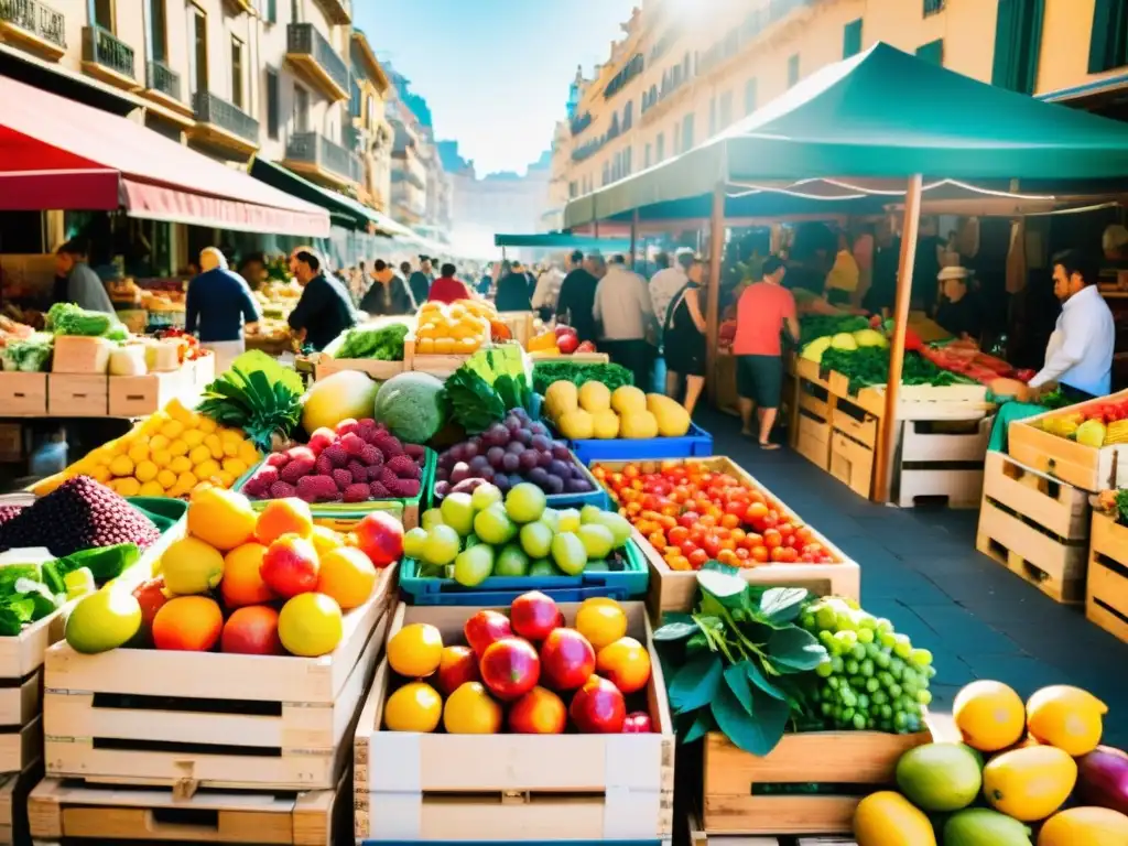 Mercados tradicionales del mundo: Colorido mercado en Barcelona con frutas frescas, verduras y vendedores entusiastas bajo toldos vibrantes