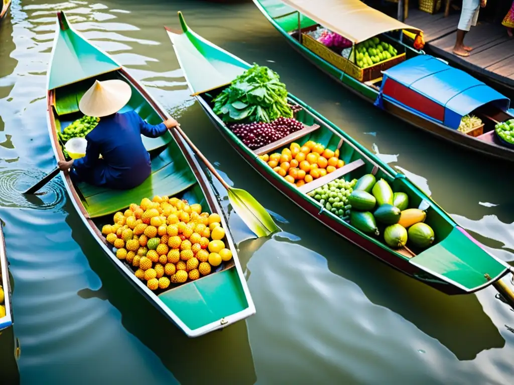 Mercados tradicionales del mundo: Escena vibrante en los mercados flotantes de Bangkok, con coloridos barcos y productos frescos