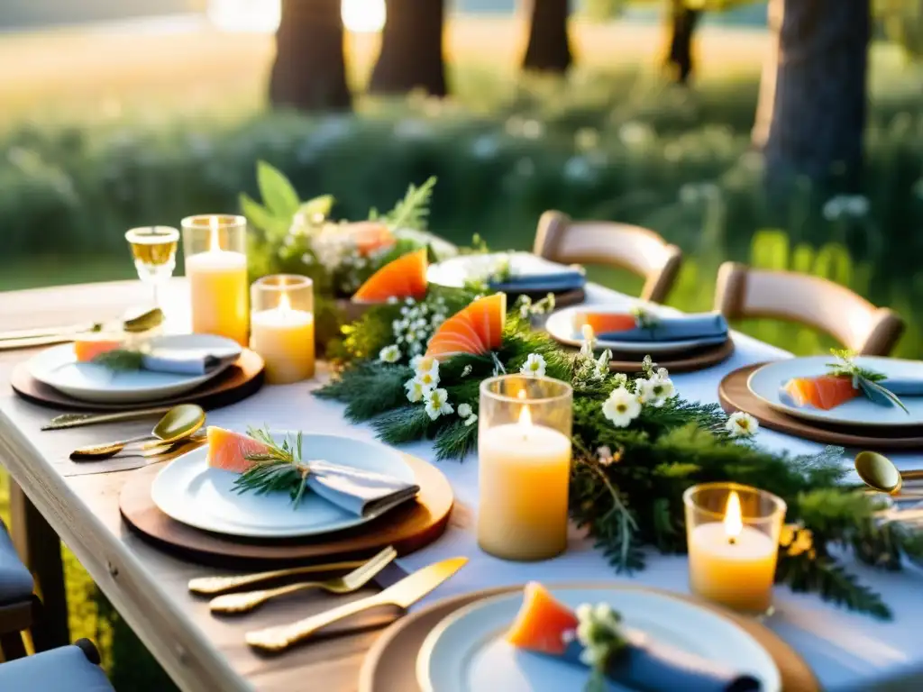 Banquete al aire libre con comida tradicional nórdica y encanto campestre Mesa de banquete al aire libre con comida nórdica tradicional y decoración rústica, perfecta para bodas al aire libre tradición nórdica
