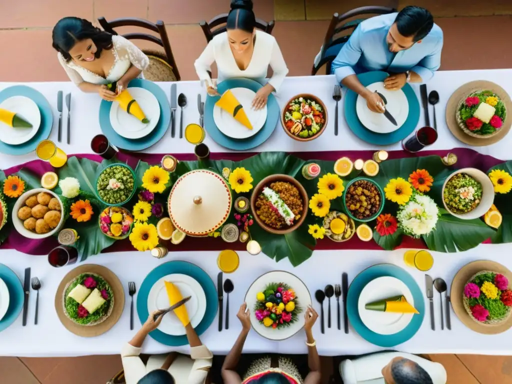 Una mesa de banquete lujosamente decorada en una boda tradicional latinoamericana, con vibrantes arreglos florales, textiles indígenas y exquisitos platillos que reflejan las tradiciones alimenticias en ceremonias matrimoniales