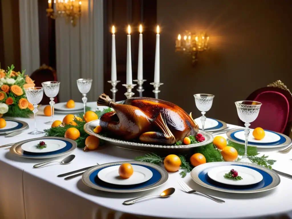 Una mesa de banquete lujosamente decorada con vajilla y copas de cristal, repleta de exquisitos platillos reales europeos