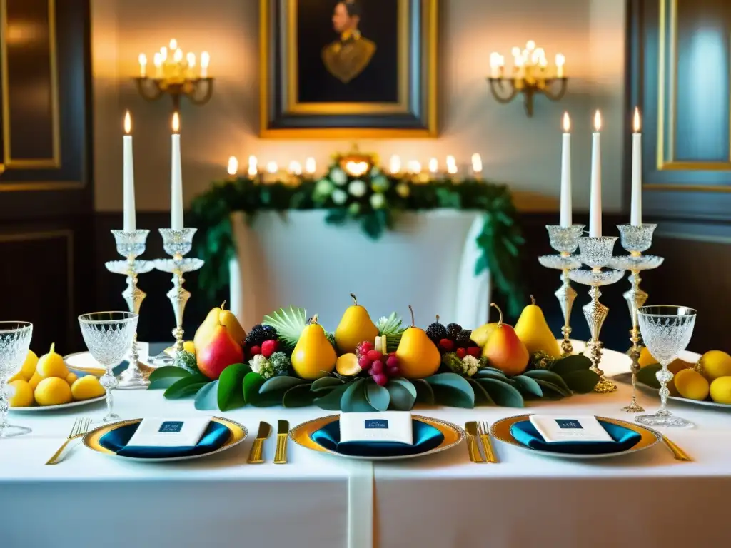 Una mesa de banquete lujosa con exquisitas candelabros de plata, cristalería y platos dorados, exhibiendo una amplia gama de exclusivas delicias dignas de la realeza