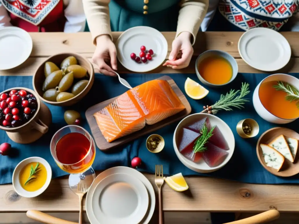 Una mesa de banquete nórdico con sabores de la cocina nórdica, rodeada de gente vestida con atuendos tradicionales, iluminada naturalmente