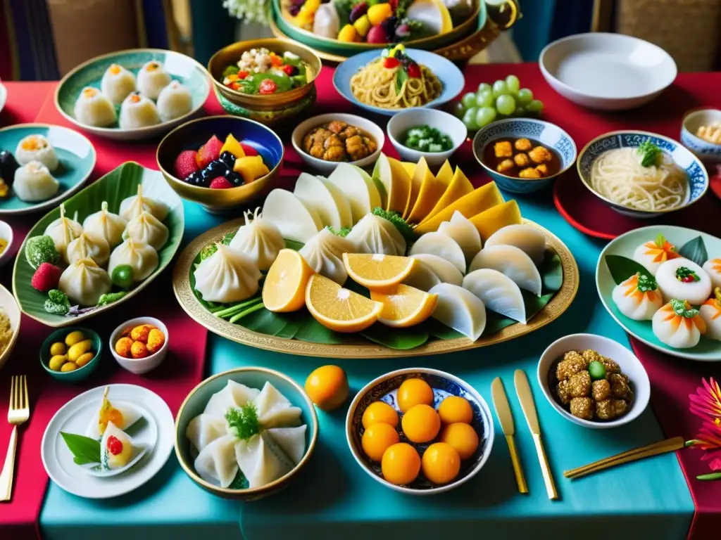 Una mesa de banquete nupcial asiático con una exquisita variedad de platos y decoraciones tradicionales