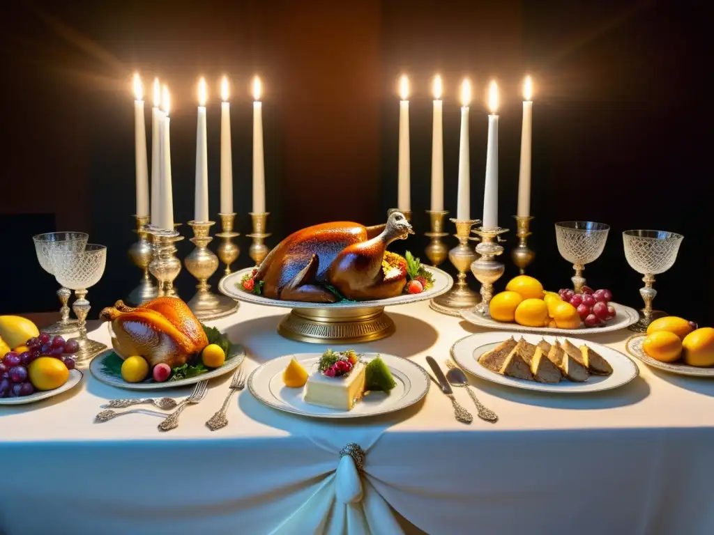 Una mesa de banquete renacentista con nobles disfrutando de la gastronomía de la nobleza global en un ambiente cálido iluminado por velas