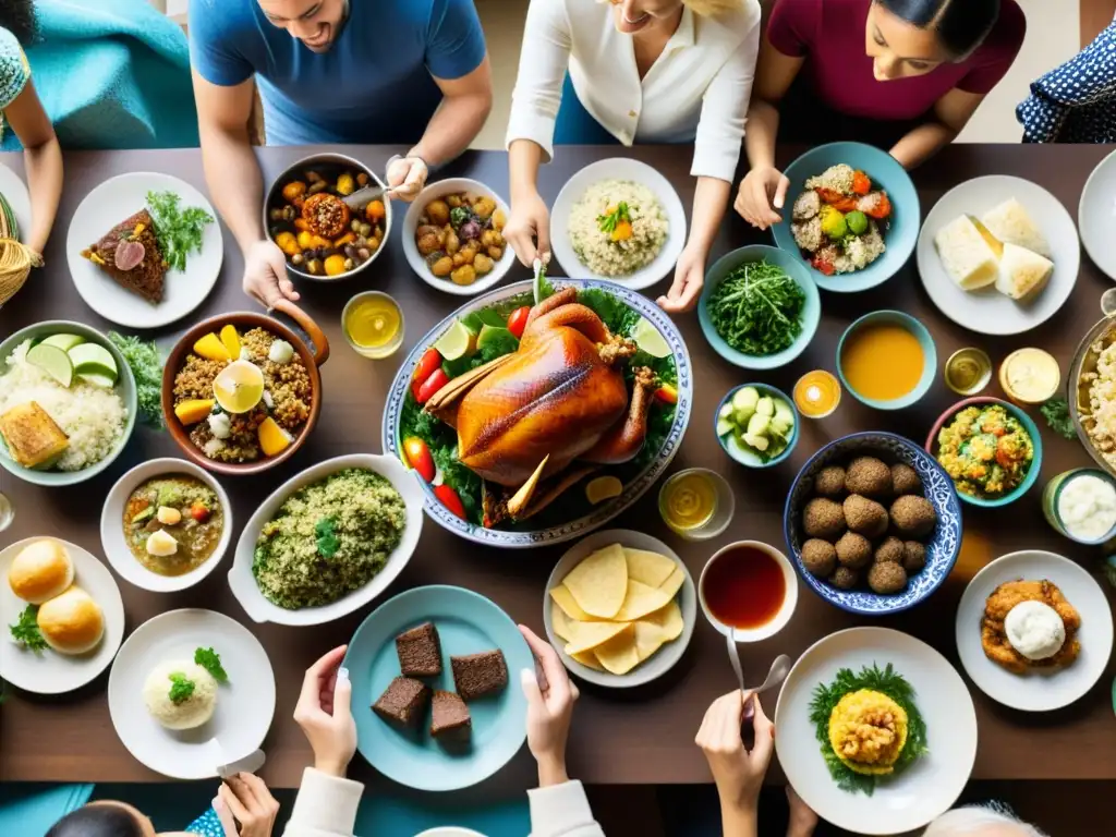 Una mesa de cena familiar con platos culturalmente diversos, rodeada de gente de distintas identidades, creando un ambiente inclusivo y cálido