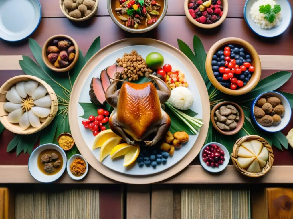 Una mesa de comida tradicional de los pueblos indígenas de Siberia, con una gran variedad de carnes, pescados, bayas y raíces