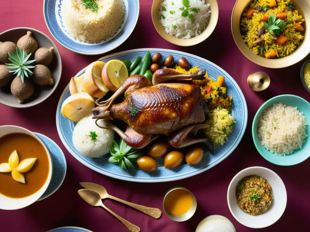 Una mesa decorada con exquisiteces de la tradición islámica de Eid al-Adha: cordero asado, arroz aromático y especias en cuencos ornamentados