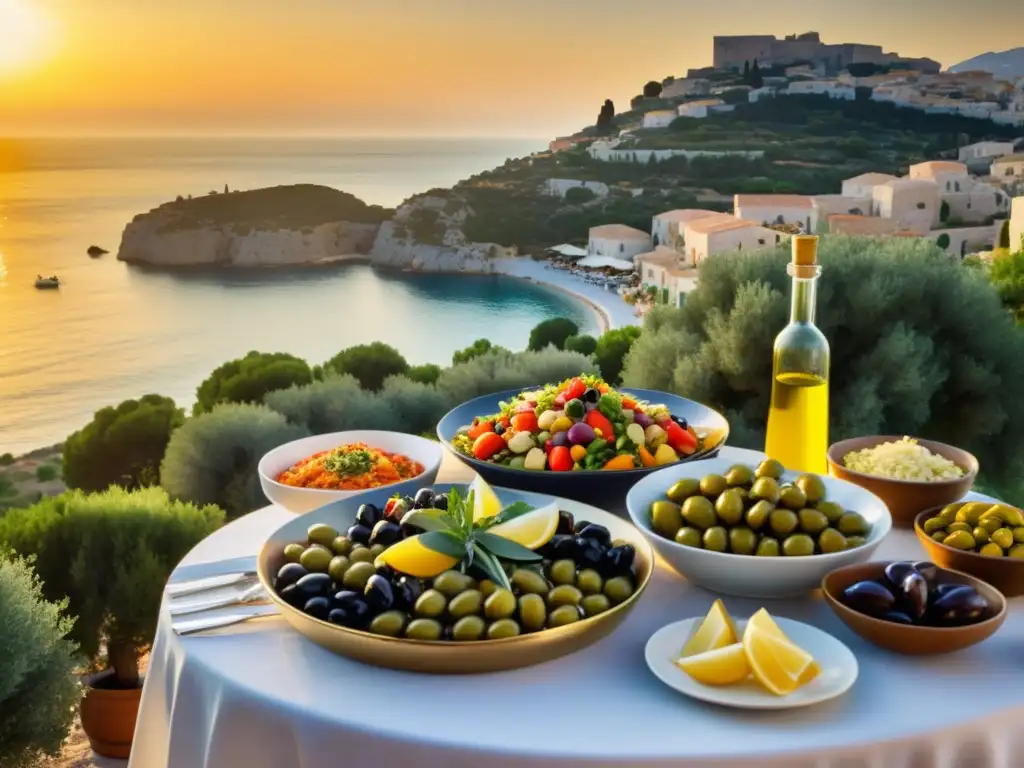 Una mesa mediterránea exquisitamente decorada con platos tradicionales que cuentan la evolución, frente a la costa al atardecer