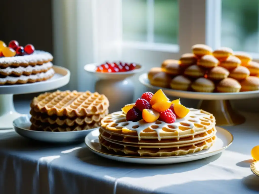 Una mesa llena de delicias dulces de la cocina nórdica, con krumkake, gofres con cloudberries y tarta de arándanos