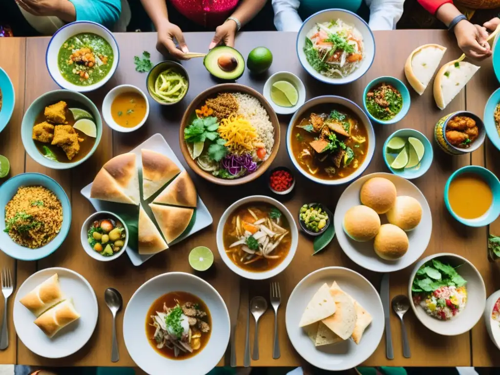 Una mesa llena de platos tradicionales de diversas culturas, rodeada de personas diversas disfrutando de la comida y la conversación