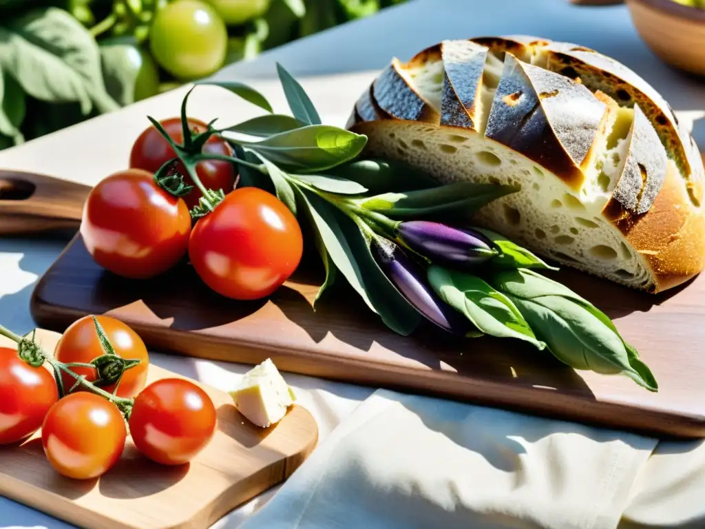 Una mesa rústica rebosante de productos mediterráneos frescos, evocando la esencia abundante y saludable de la Dieta Mediterránea estilo de vida