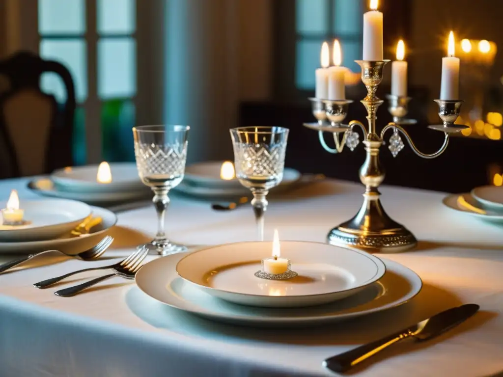 Una mesa de Shabbat exquisitamente decorada con velas, vajilla fina y flores frescas