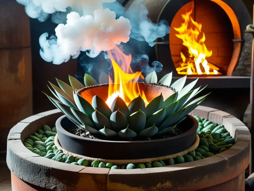 Un mezcalero ancestral cuida con destreza el proceso de rostizar corazones de agave en un horno subterráneo, entre humo y llamas, revelando los misterios del mezcal ancestral