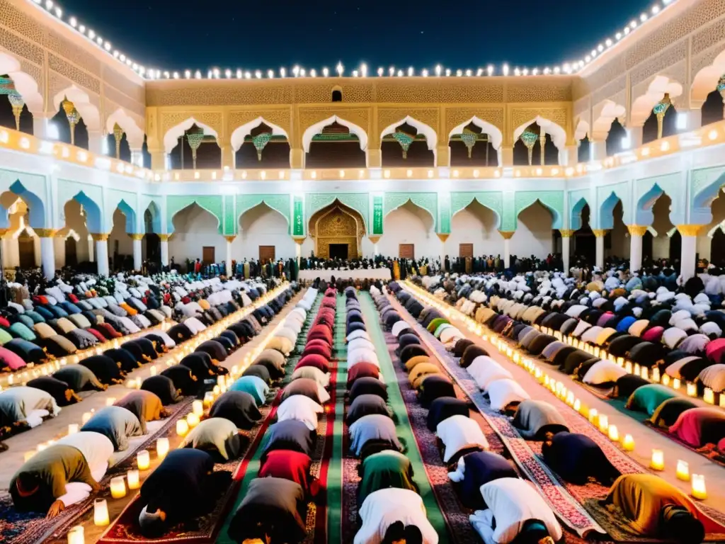 Milad un Nabi en Pakistán: Courtyard de mezquita decorado con luces y gente en oración