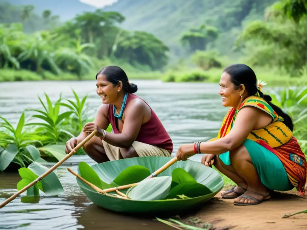 Miembros de la comunidad ribereña nativa disfrutan de actividades culturales tradicionales en un entorno natural exuberante al atardecer