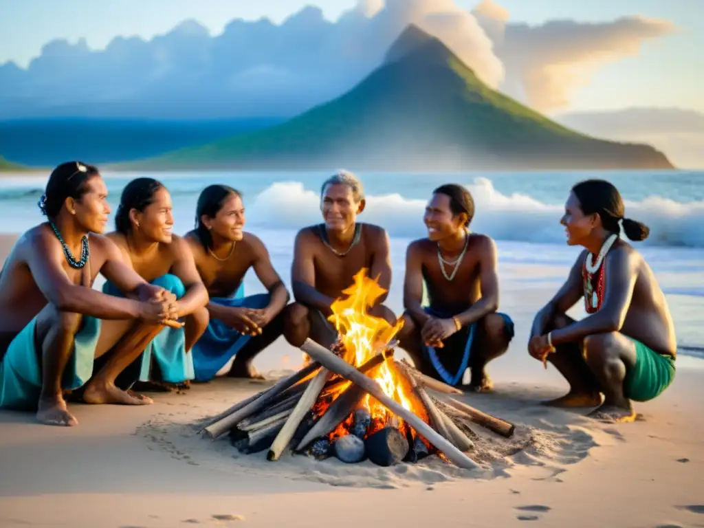 Miembros de una tribu costera se reúnen alrededor del fuego en la playa, mostrando su identidad cultural frente a las amenazas del cambio climático