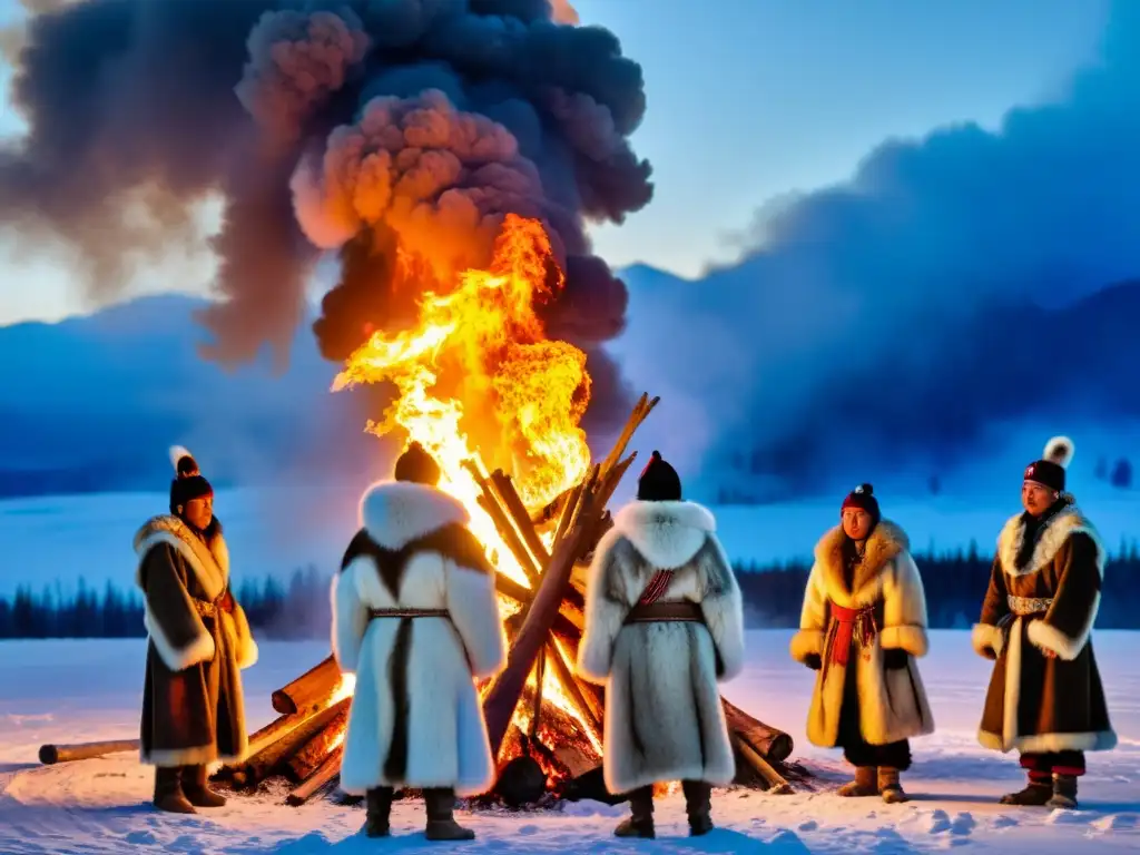 Miembros de una tribu siberiana realizando rituales de purificación alrededor de una gran hoguera en la noche nevada