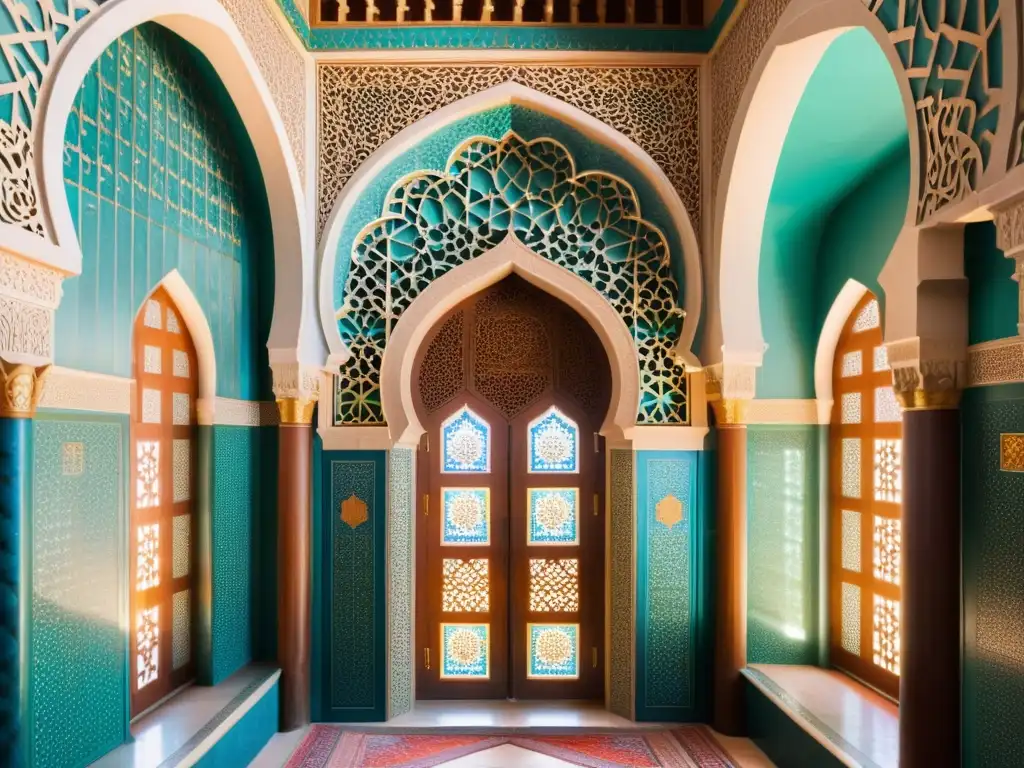 Mihrab tallado con intrincados diseños geométricos y caligrafía, en una mezquita