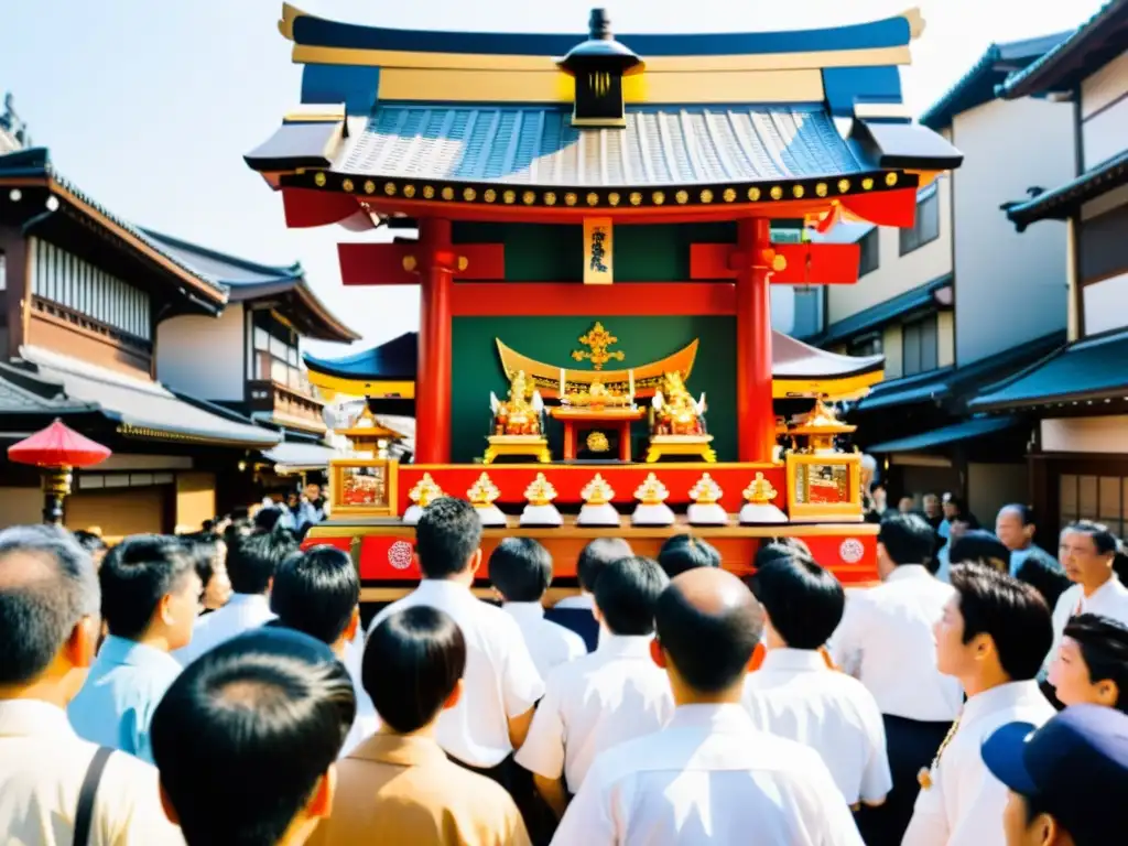 Un mikoshi decorado en el Festival de la fertilidad Kanamara Matsuri, destaca entre la multitud y los edificios japoneses