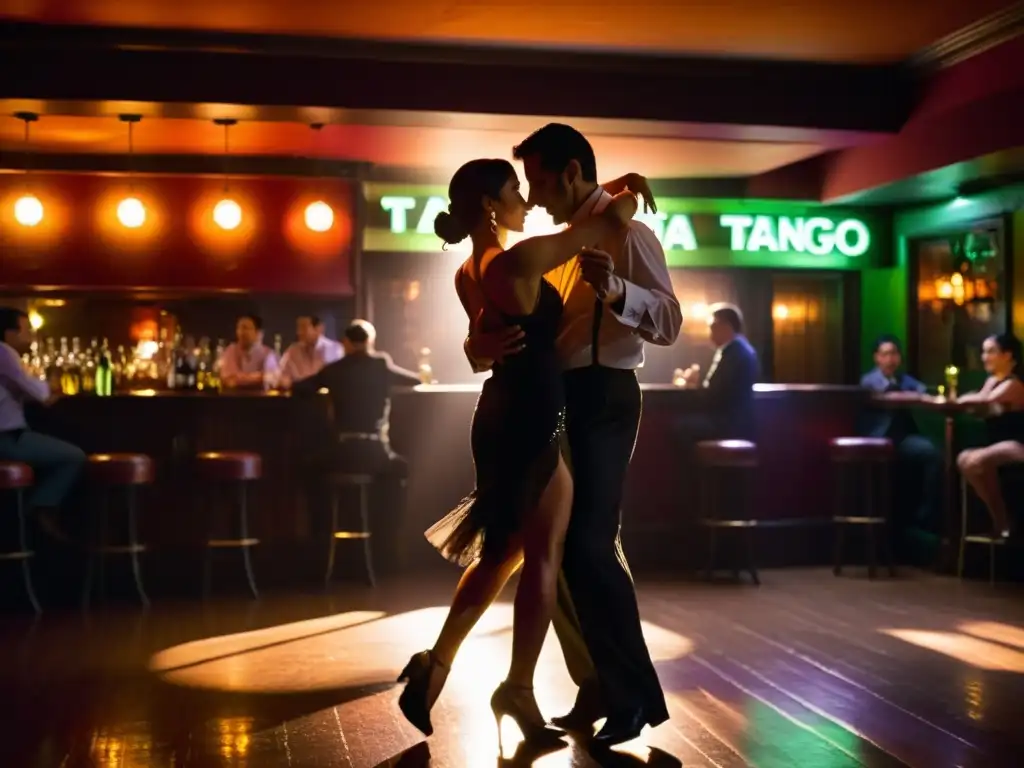 Una milonga en Buenos Aires, con bailarines de tango y una atmósfera cargada de pasión cultural de Buenos Aires