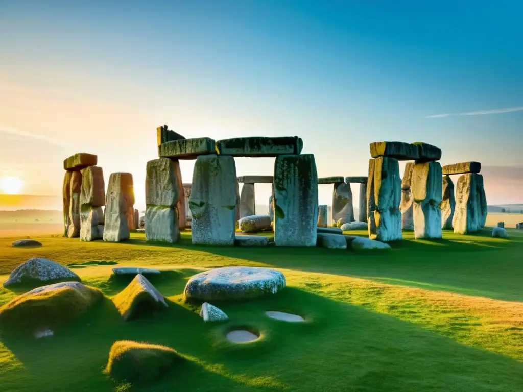 Misterio Stonehenge pasado neolítico: Amanecer dorado ilumina las antiguas piedras en el cielo azul claro