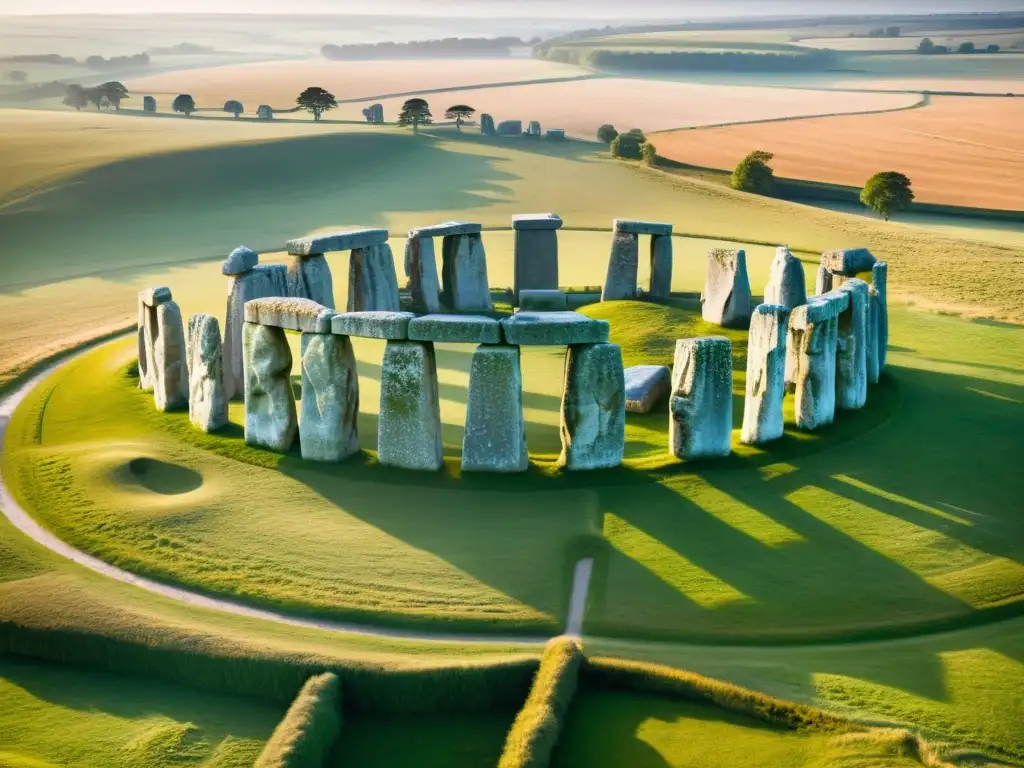 Misterio Stonehenge pasado neolítico: Vista aérea de Stonehenge al amanecer, con sus imponentes piedras y paisaje histórico