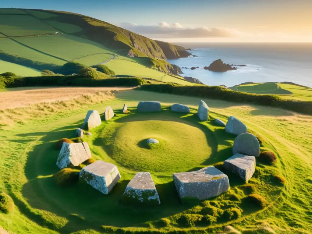 El misterio de Drombeg, County Cork, Irlanda, con el sol poniéndose detrás de las antiguas piedras, bañando el paisaje en luz dorada