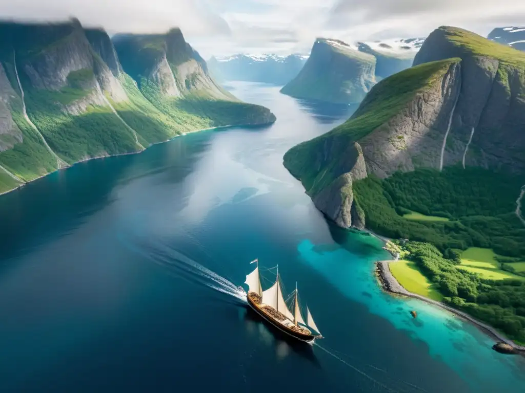 Explora los mitos nórdicos en Escandinavia con esta vista aérea de la costa noruega, fiordos y un barco vikingo