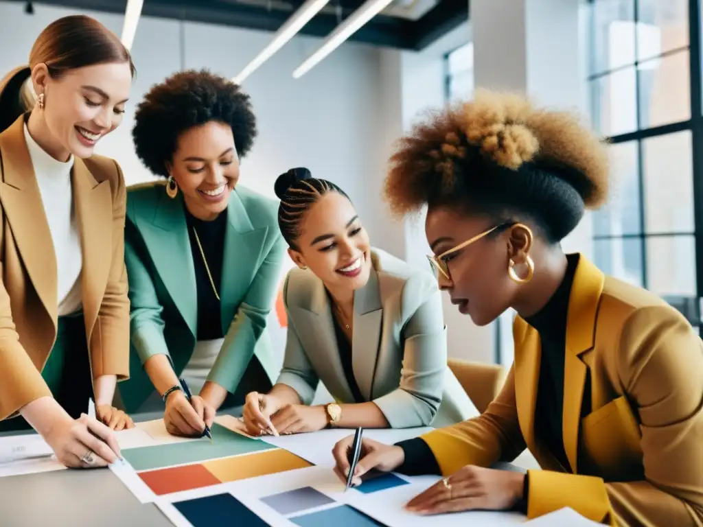 Moda intercultural y diálogo global: Diseñadores de moda diversos colaborando en un estudio moderno, reflejando la diversidad cultural en la industria