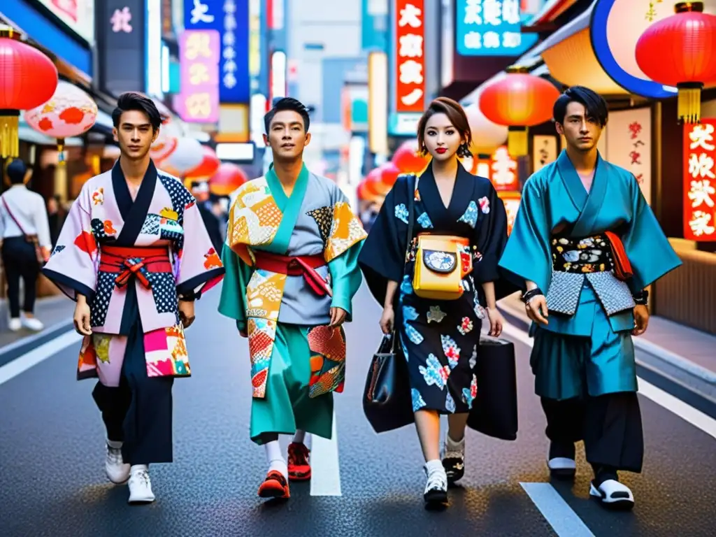 Moda japonesa en el siglo XXI: Grupo de jóvenes entusiastas de la moda, combinando kimonos tradicionales con prendas urbanas, caminando por una bulliciosa calle de Tokio, creando una escena visualmente impactante que captura la esencia dinámica de la cultura contemporá