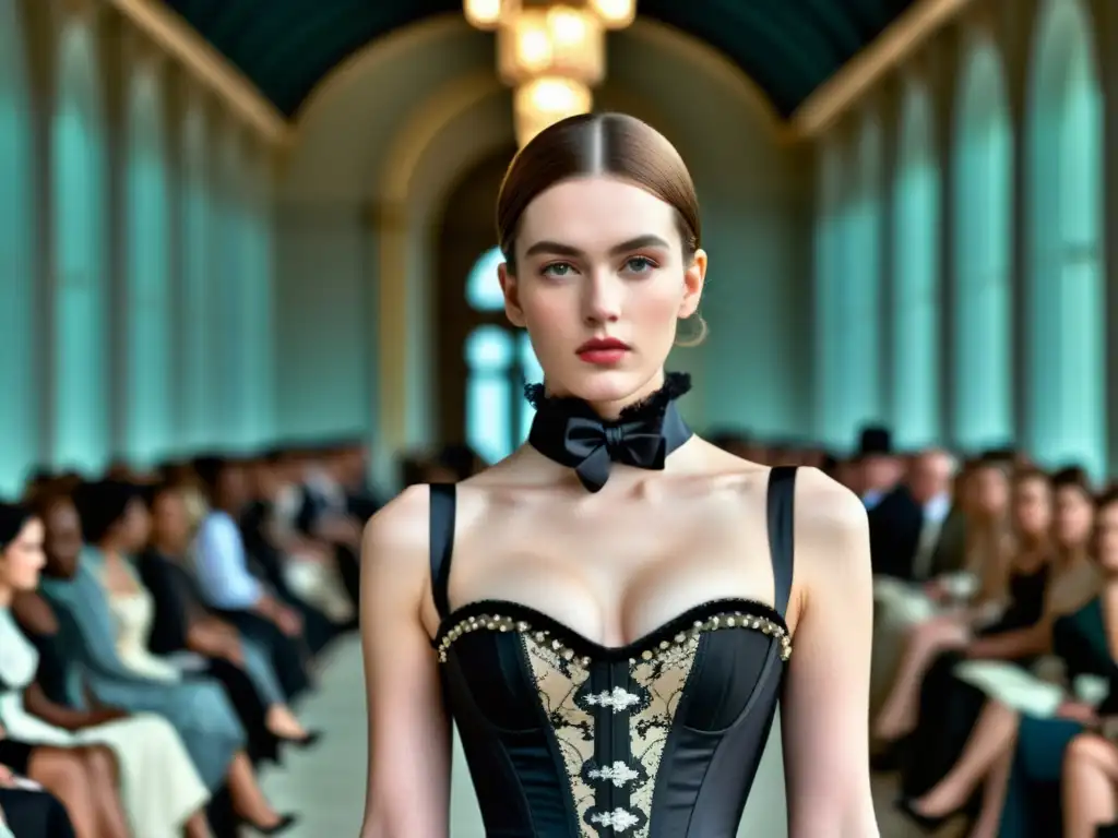Corsetes: Pasado y presente en la pasarela Una modelo desfila con confianza en un moderno corsé, contrastando con mujeres del siglo XIX